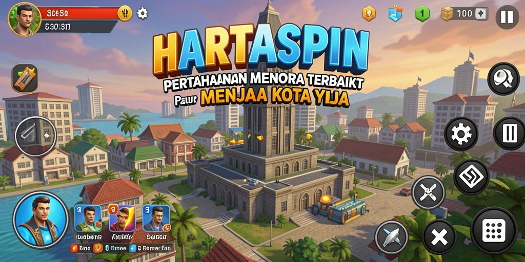 Screenshot HARTASPIN menampilkan aksi menara dalam pertahanan melawan musuh.