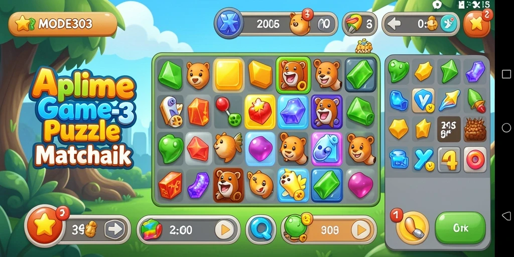 Screenshot gameplay dari MODE303, menunjukkan kecocokan item Match-3.