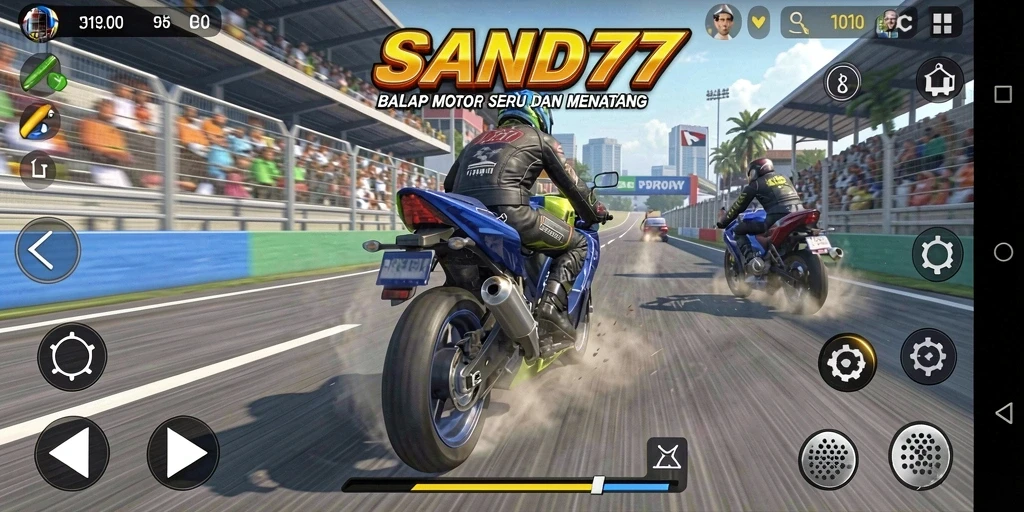 Screenshot SAND77 menampilkan aksi balap motor yang seru.