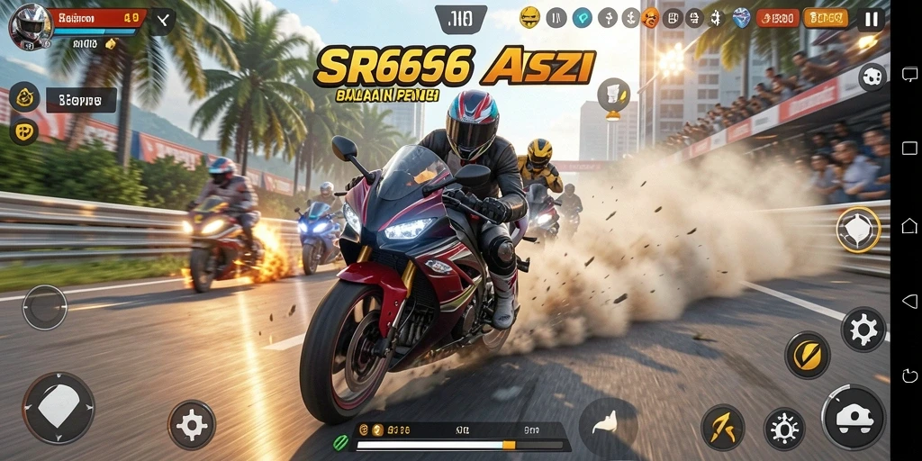 Tangkapan layar menampilkan balapan motor yang mendebarkan.