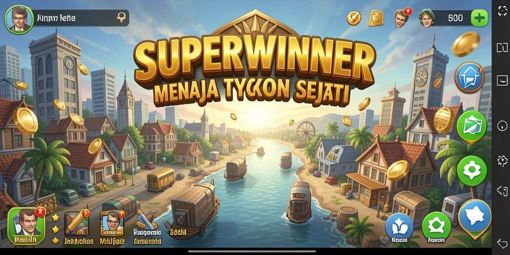 Screenshot gameplay SUPERWINNER yang menunjukkan pengelolaan bisnis yang seru.